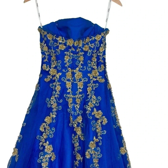 Royal Blue Gold Tulle‎ Strapless Ball Gown Princess Bling Regency Prom Size 2 - Picture 5 of 7